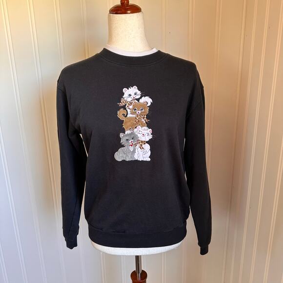 Vintage Y2K Black Twee Cat Crew Sweater S - Picture 1 of 5